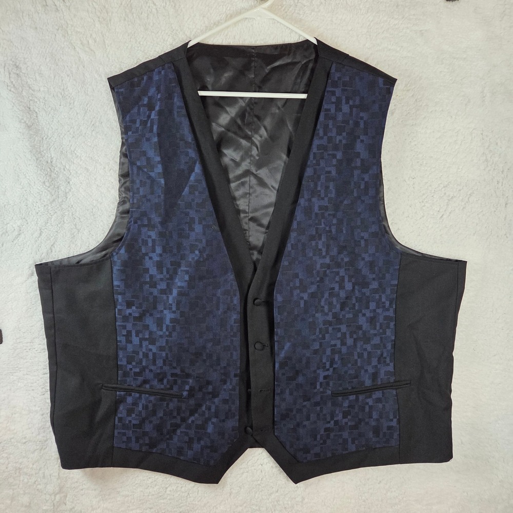 Apollo King Mens‎ 56R Black Blue Geometric Pattern Formal Dress Vest
